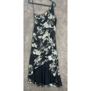 Halston Dress 10 Maxi Black Gray Floral One Shoulder Hi Low Hem Lined Side Zip